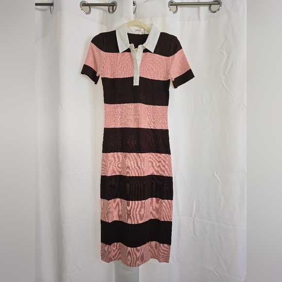 ​Active USA Striped Knit Polo Midi Dress - Pink & Brown Preppy Collared Sheath - Picture 7 of 14